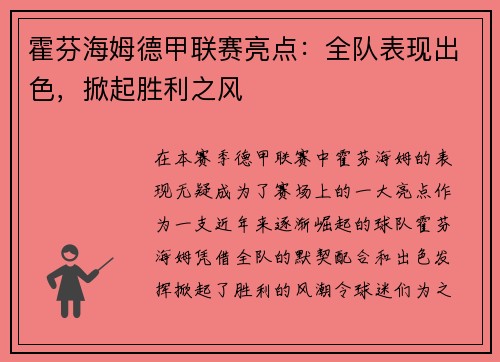 霍芬海姆德甲联赛亮点：全队表现出色，掀起胜利之风